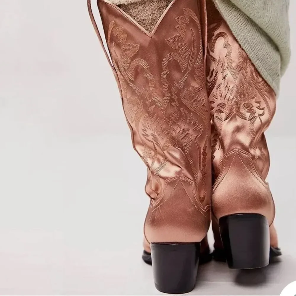 Free People Dagget Western Boots Champagne Rose Satin Amaya Western Size 6